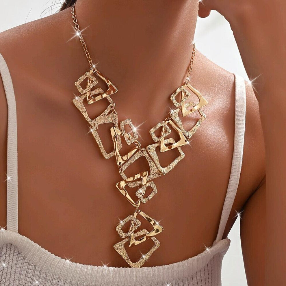 (gold) 1pc Statement Style Geometric Triangle Square Shape Glossy Thumping Face Irregular Y-shaped Necklace Jewelry For Women
