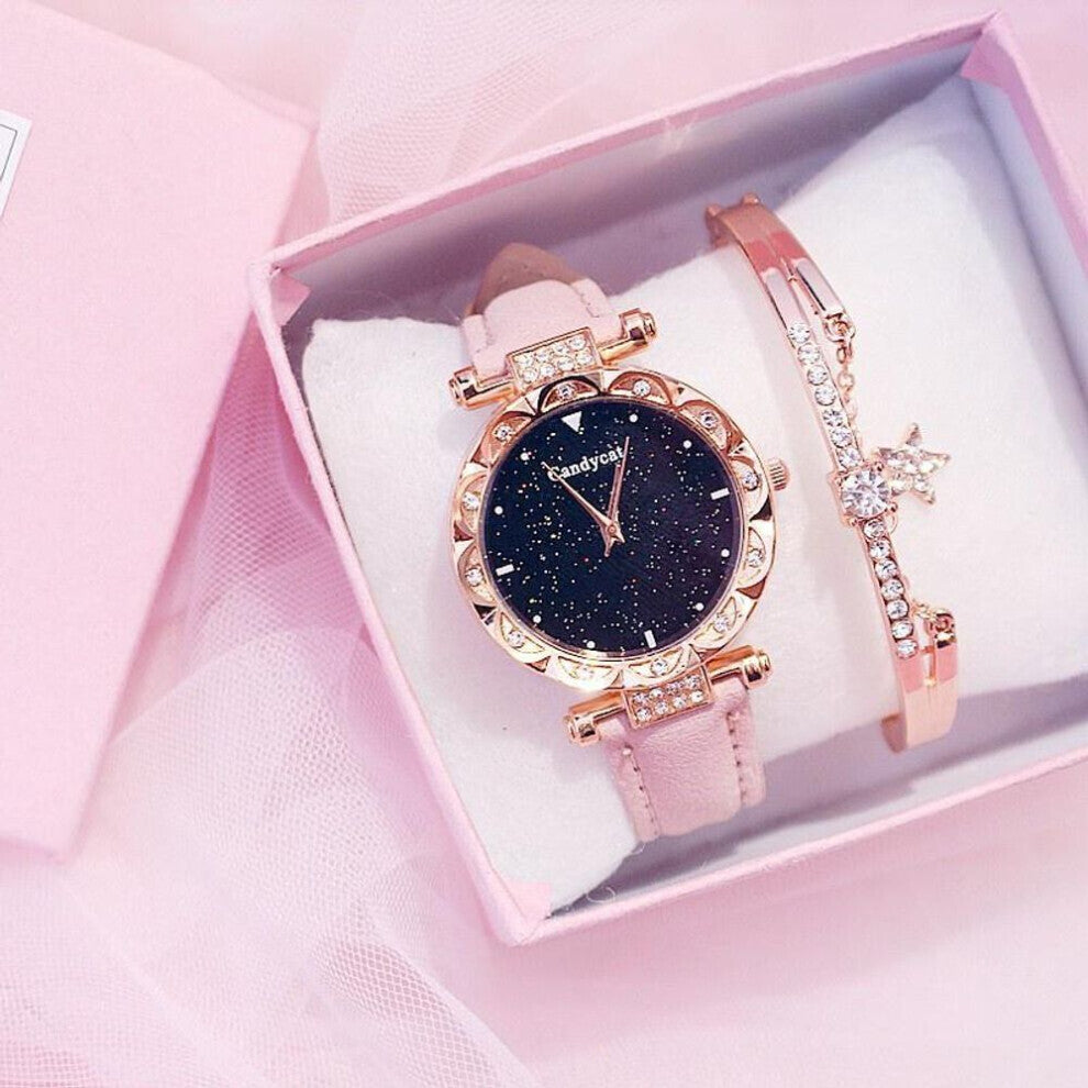 (Pink+Braceleta) Fashion Ladies Leather Strap Quartz Watch Starry Dial