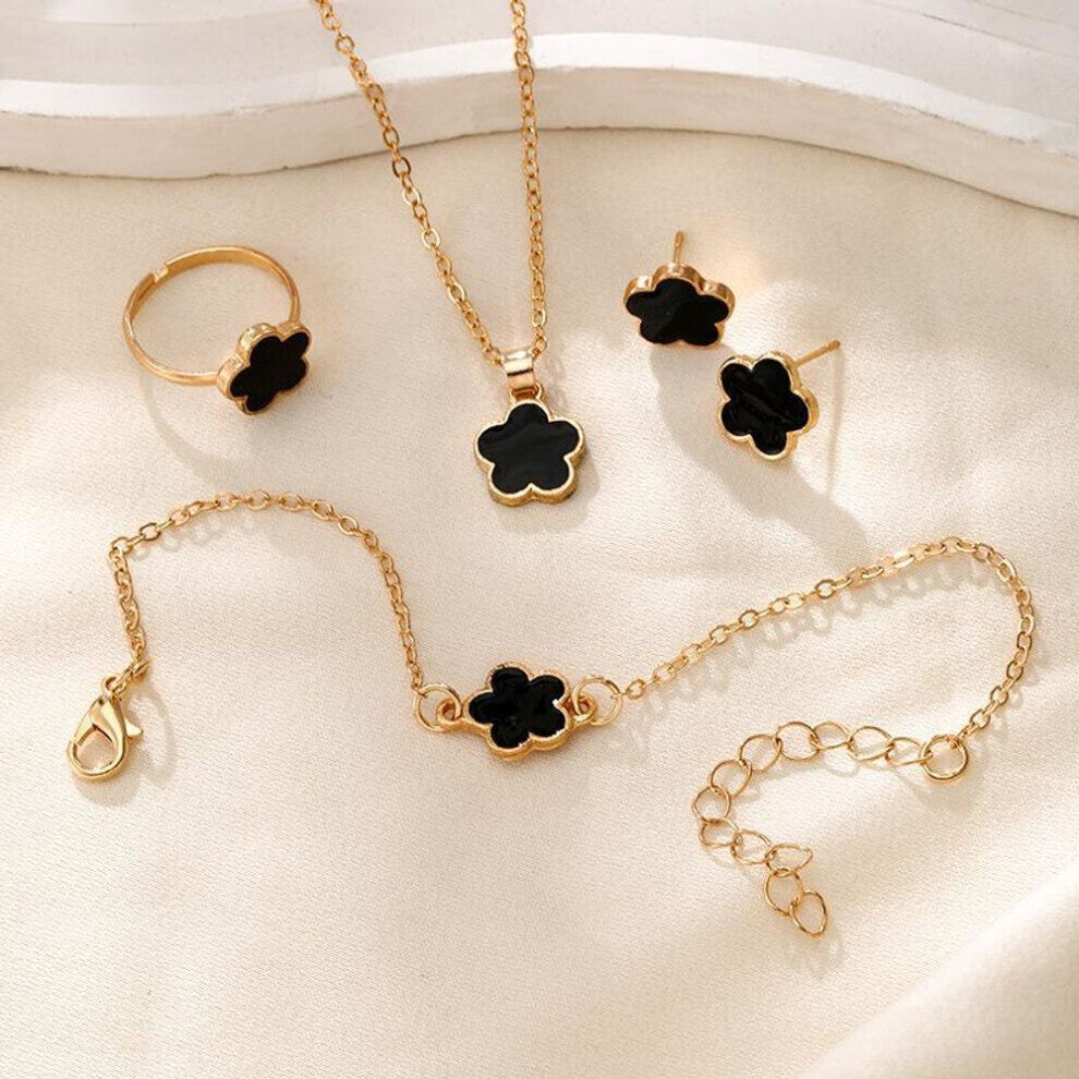 (black, 4PCS) 4pcs Lucky Clover Fashion Five Flower Stainless Steel Fritillariabracelet Necklace Ring Earring Set Women&apos;s Jewelry