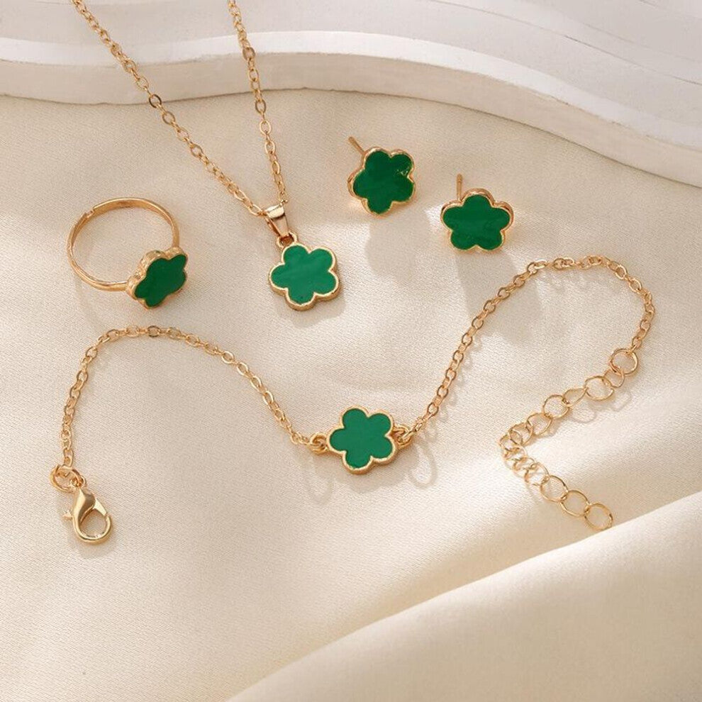 (green, 4PCS) 4pcs Lucky Clover Fashion Five Flower Stainless Steel Fritillariabracelet Necklace Ring Earring Set Women&apos;s Jewelry