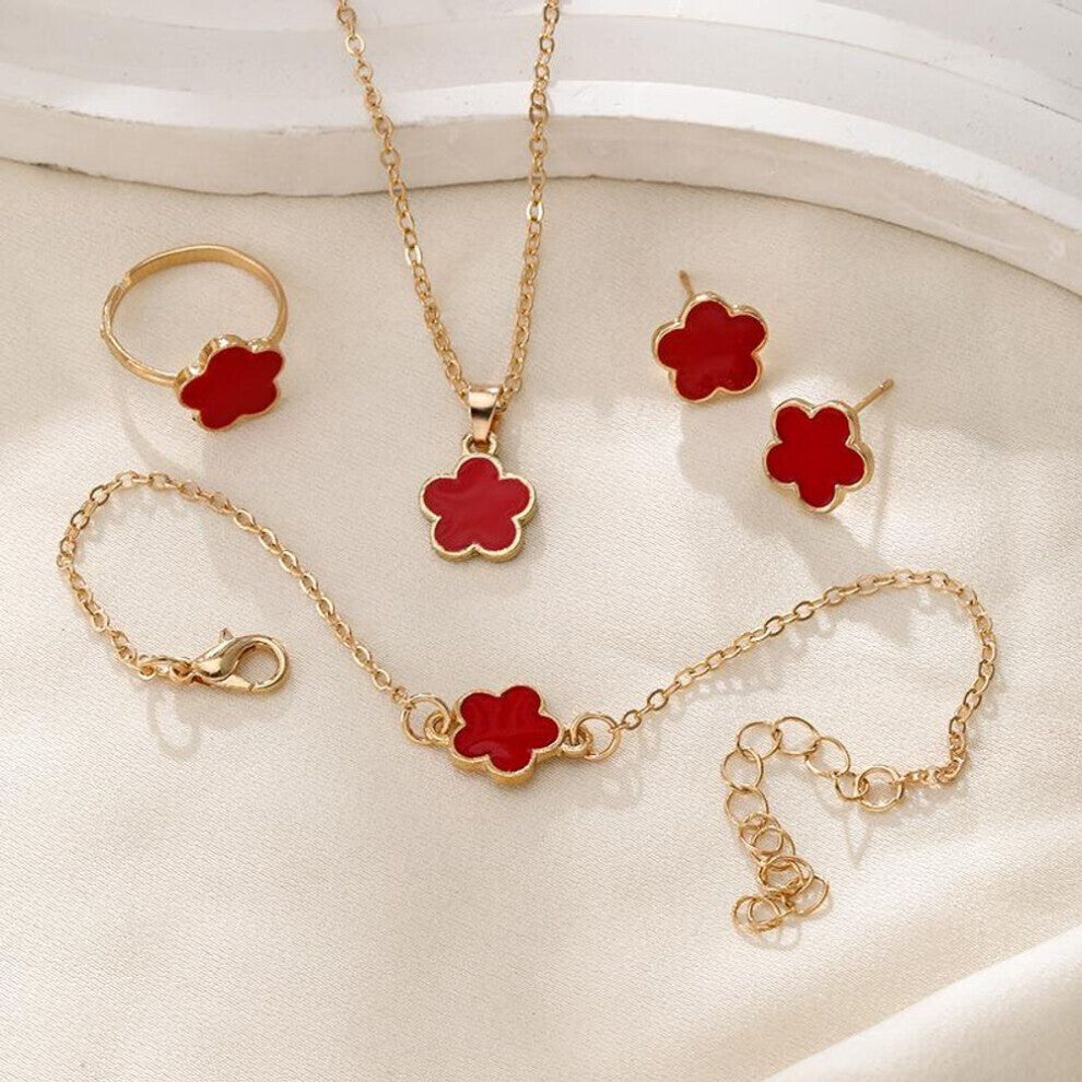 (red, 4PCS) 4pcs Lucky Clover Fashion Five Flower Stainless Steel Fritillariabracelet Necklace Ring Earring Set Women&apos;s Jewelry