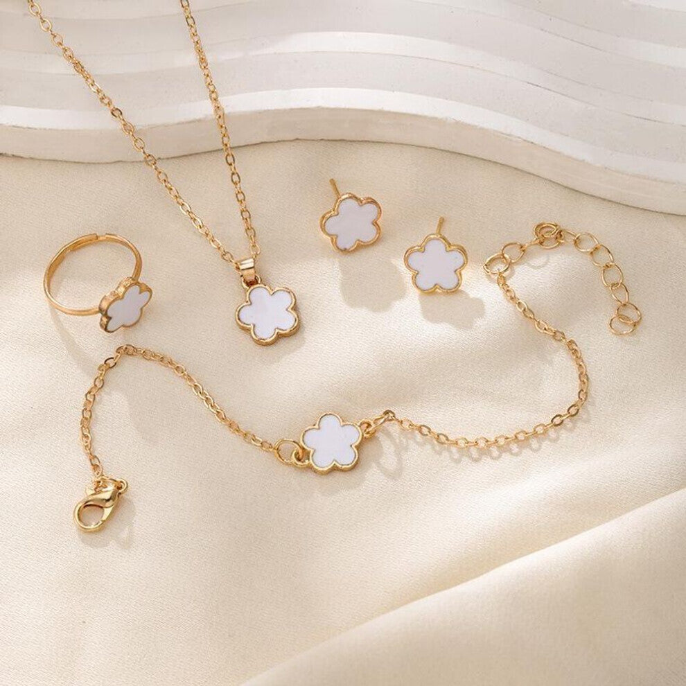 (white, 4PCS) 4pcs Lucky Clover Fashion Five Flower Stainless Steel Fritillariabracelet Necklace Ring Earring Set Women&apos;s Jewelry