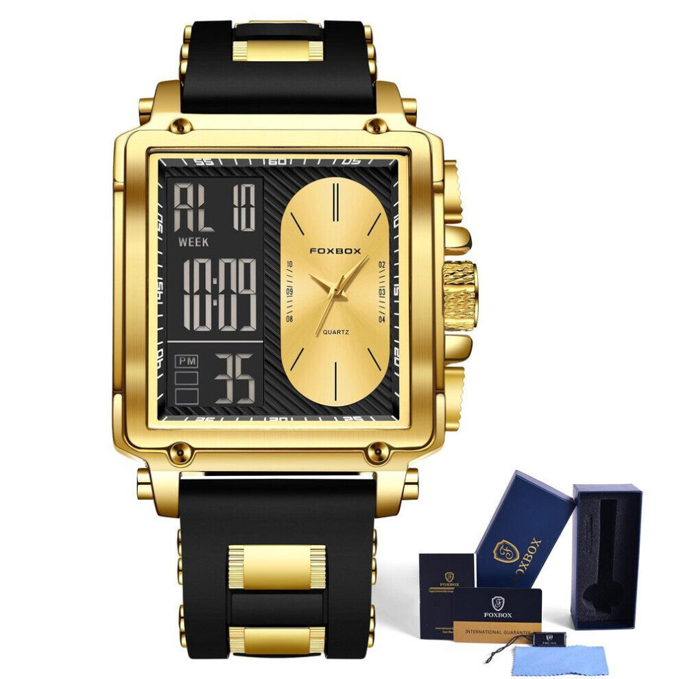 (gold) Lige New Fashion Men Watch Foxbox Brand Multi-functional Luminous Sports Waterproof Quartz Watch Men&apos;s Gifts