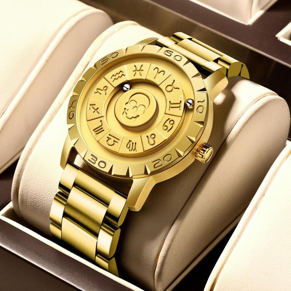 (gold, Steel strap) Lige Brand Foxbox New Personalized Original Men Quartz Watch Skull Dial Magnetic Ball Design Waterproof Quartz Watch Men&apos;s Gi