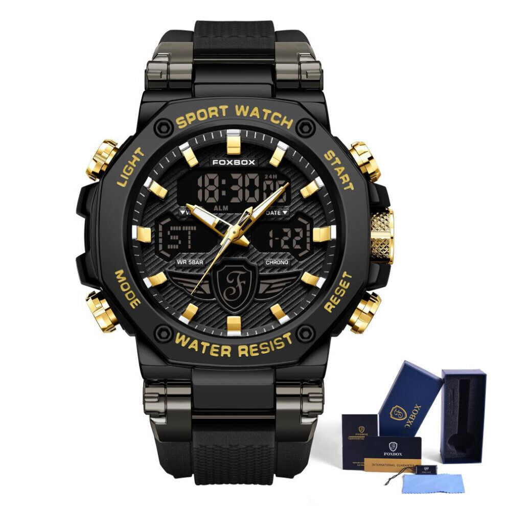 (black,gold) Lige X Foxbox Fashion Sports Men&apos;s Watch Led Digital Clock Silicone Waterproof Military Watch