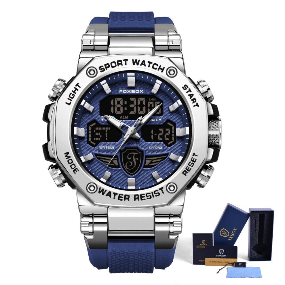 (blue,silver) Lige X Foxbox Fashion Sports Men&apos;s Watch Led Digital Clock Silicone Waterproof Military Watch