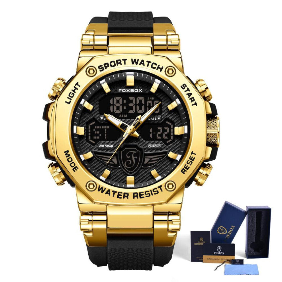 (gold) Lige X Foxbox Fashion Sports Men&apos;s Watch Led Digital Clock Silicone Waterproof Military Watch