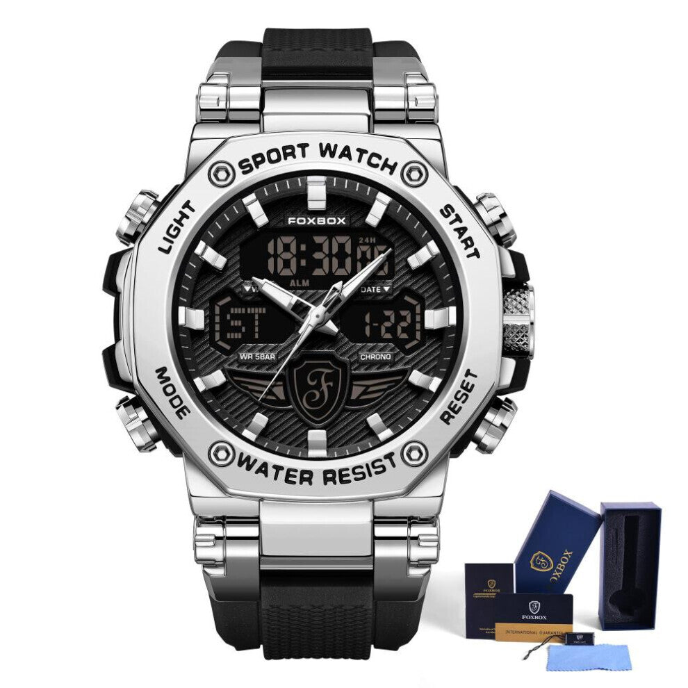 (silver) Lige X Foxbox Fashion Sports Men&apos;s Watch Led Digital Clock Silicone Waterproof Military Watch