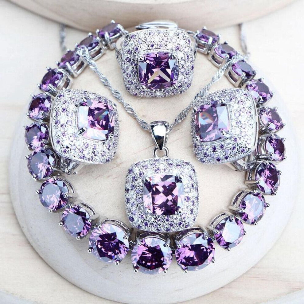 (purple, 8) Wedding Silver Color Jewelry Set For Women Bridal Cubic Zircon Rings-bracelets-earrings-pendant Necklace Set