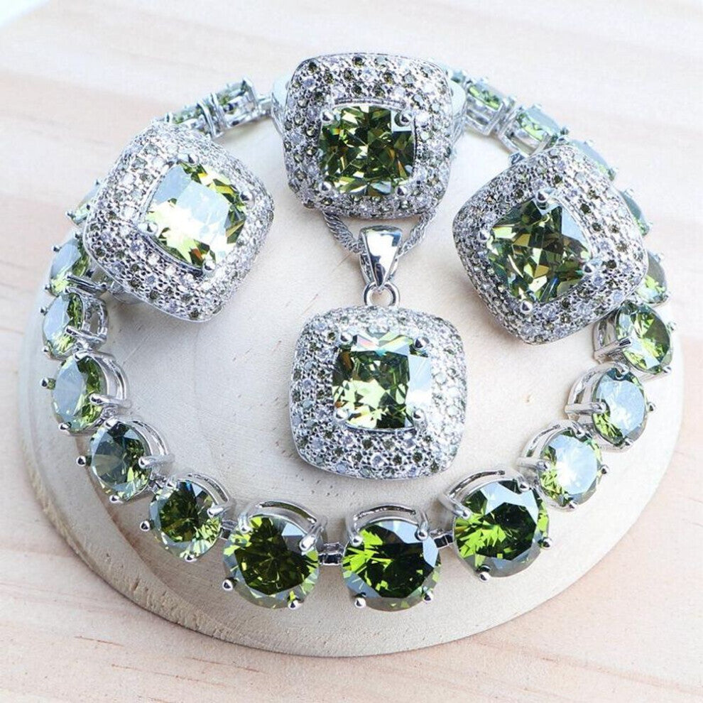 (tan, 9) Wedding Silver Color Jewelry Set For Women Bridal Cubic Zircon Rings-bracelets-earrings-pendant Necklace Set