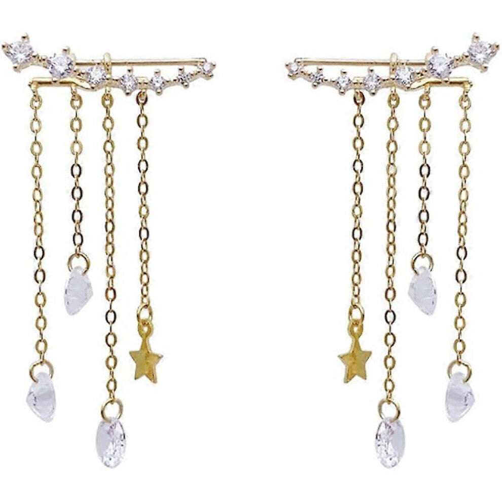 (14, One size) Crawler Ear Cuffs Chain Earrings,Long Tassel Chain Star Droplet Pearl Dangle 7 Crystals Climber Earrings CZ Crawler Earrings for Women