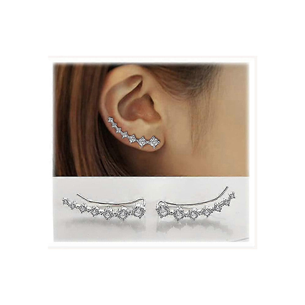(As show, One size) 7 Crystals Ear Cuffs Hoop Climber S925 Sterling Silver Earrings Hypoallergenic Earring