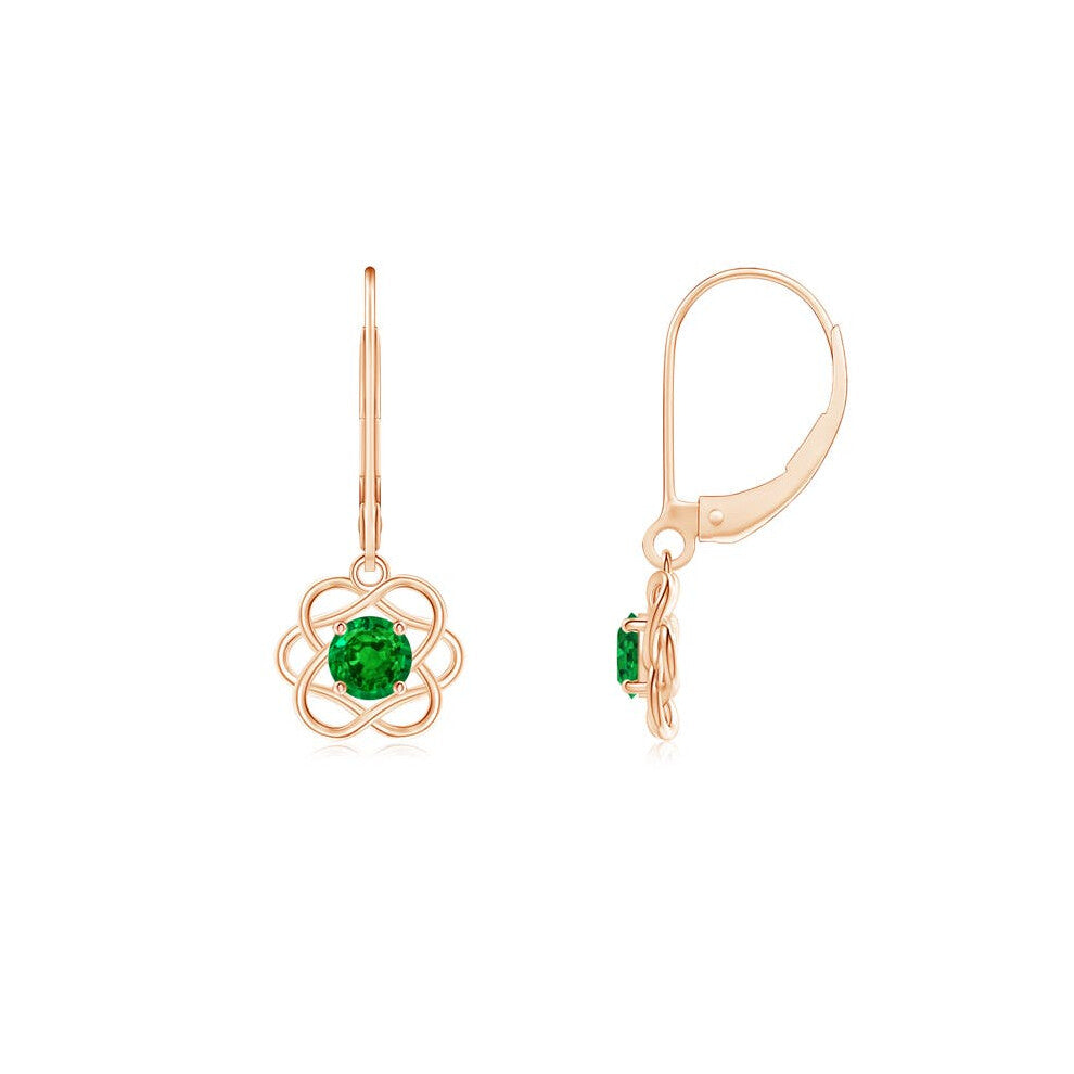 (14K Gold, 4mm) Lab-Grown-Solitaire Emerald Intertwined Flower Dangle Earrings