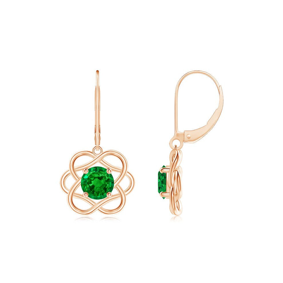 (9K Gold, 6mm) Lab-Grown-Solitaire Emerald Intertwined Flower Dangle Earrings