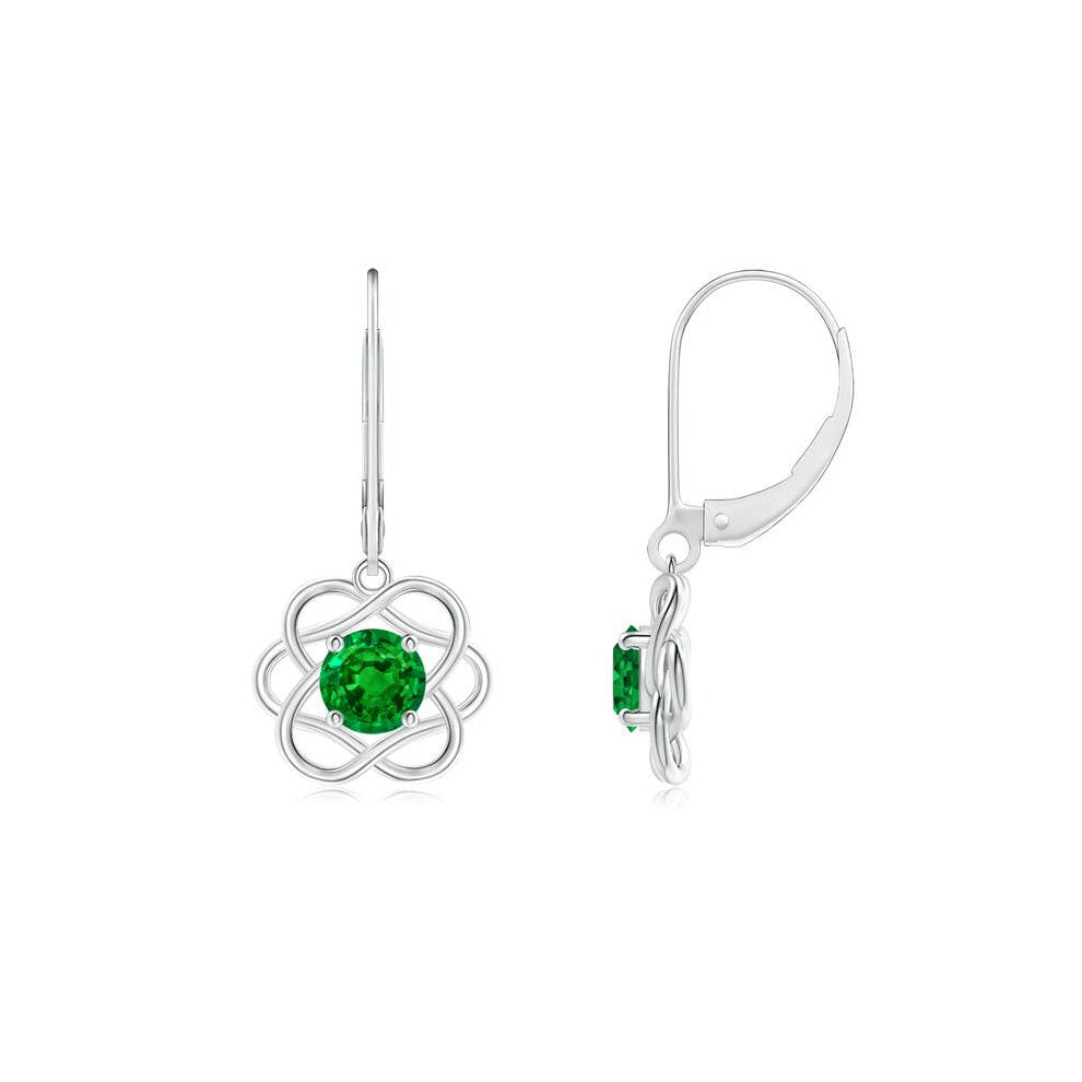 (14K Gold, 5mm) Lab-Grown-Solitaire Emerald Intertwined Flower Dangle Earrings