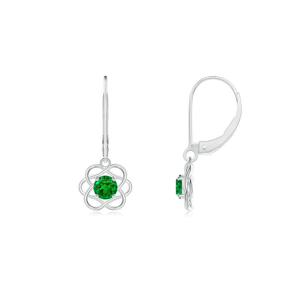(9K Gold, 4mm) Lab-Grown-Solitaire Emerald Intertwined Flower Dangle Earrings