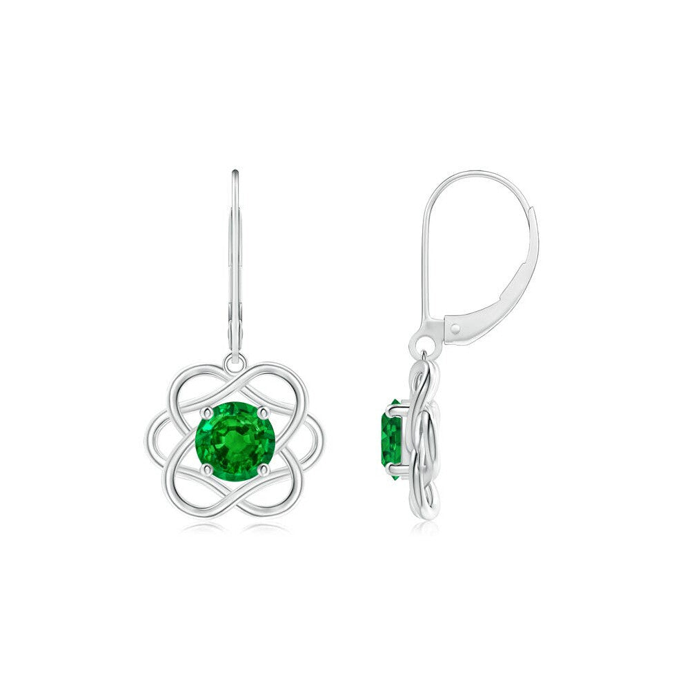 (9K Gold, 6mm) Lab-Grown-Solitaire Emerald Intertwined Flower Dangle Earrings