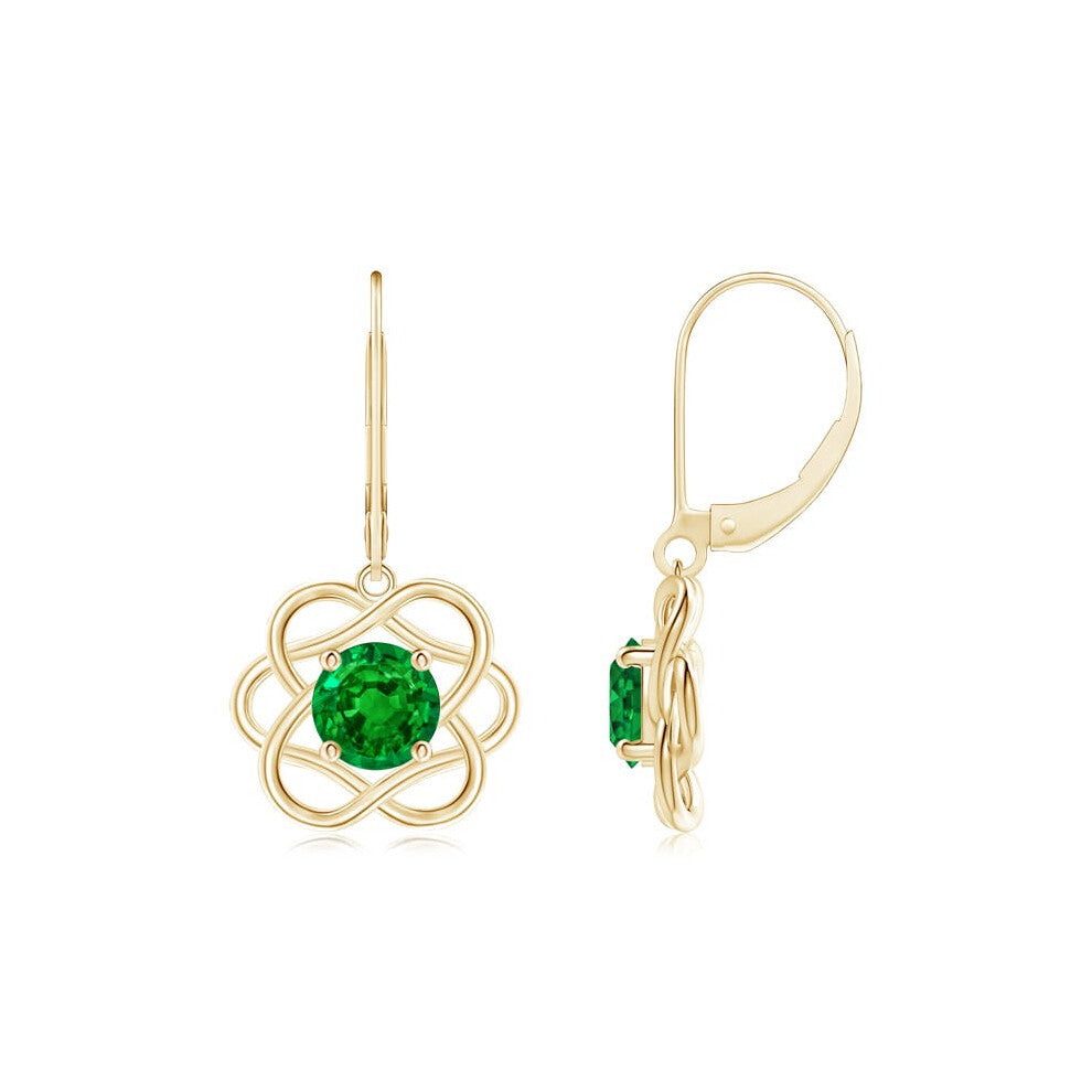 (14K Gold, 6mm) Lab-Grown-Solitaire Emerald Intertwined Flower Dangle Earrings