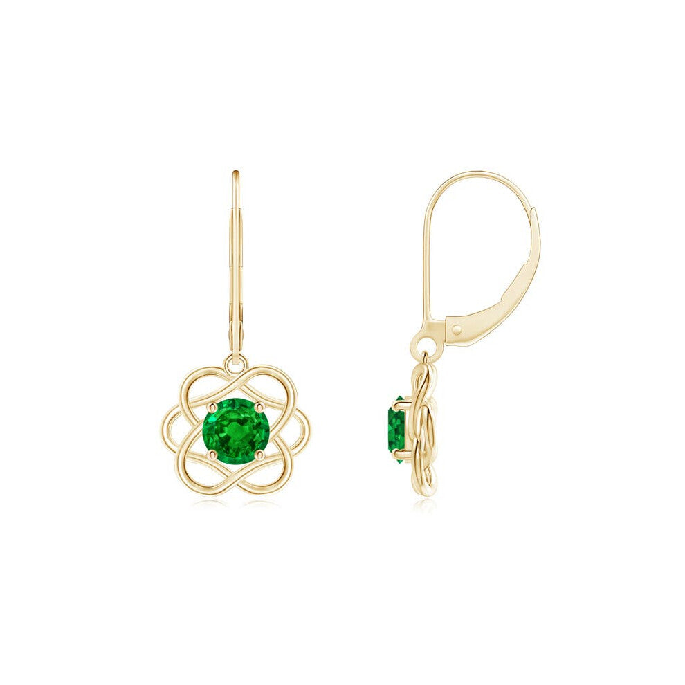(9K Gold, 5mm) Lab-Grown-Solitaire Emerald Intertwined Flower Dangle Earrings