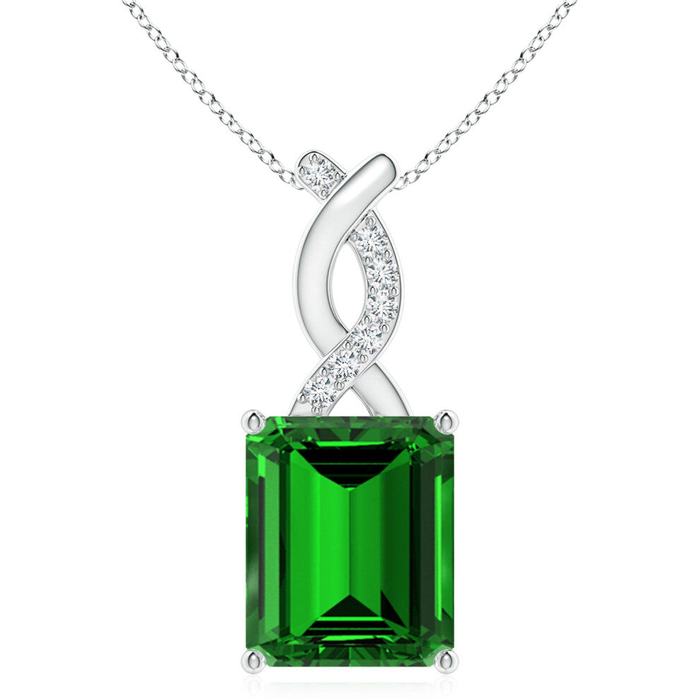 (14ct White Gold, Size: 12x10mm) Lab-Grown Emerald Pendant with Lab Diamond Entwined Bale (|)