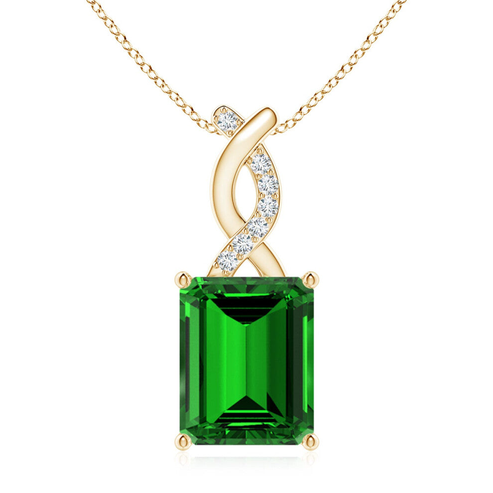 (14ct Yellow Gold, Size: 10x8mm) Lab-Grown Emerald Pendant with Lab Diamond Entwined Bale (|)