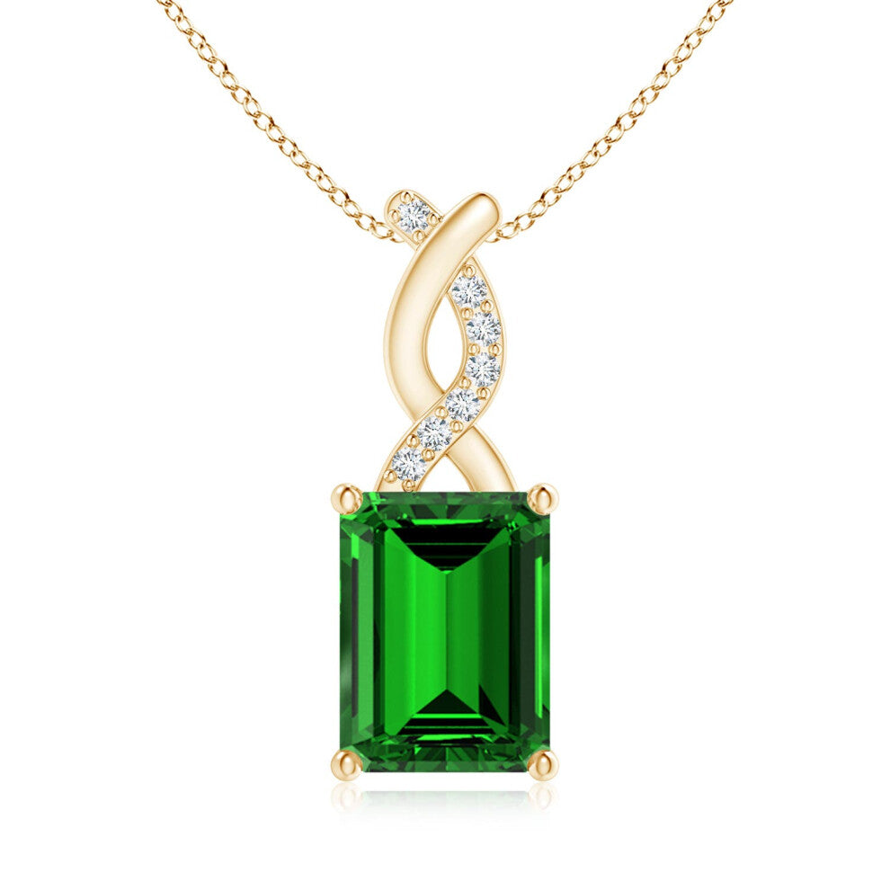 (9ct Yellow Gold, Size: 8x6mm) Lab-Grown Emerald Pendant with Lab Diamond Entwined Bale (|)