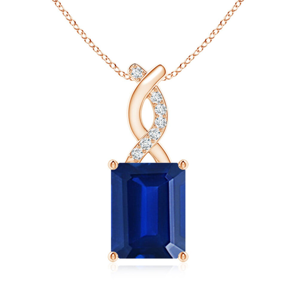 (14ct Rose Gold, Size: 9x7mm) Lab-Grown Sapphire Pendant with Lab Diamond Entwined Bale (|)
