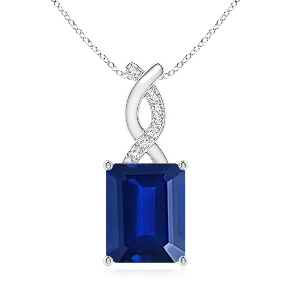 (Sterling Silver, Size: 10x8mm) Lab-Grown Sapphire Pendant with Lab Diamond Entwined Bale (|)