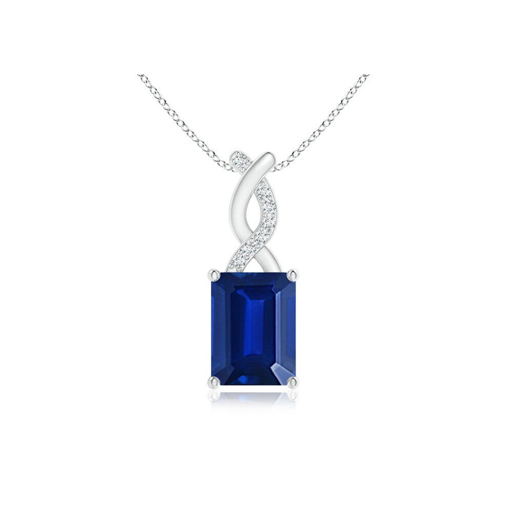 (14ct White Gold, Size: 8x6mm) Lab-Grown Sapphire Pendant with Lab Diamond Entwined Bale (|)