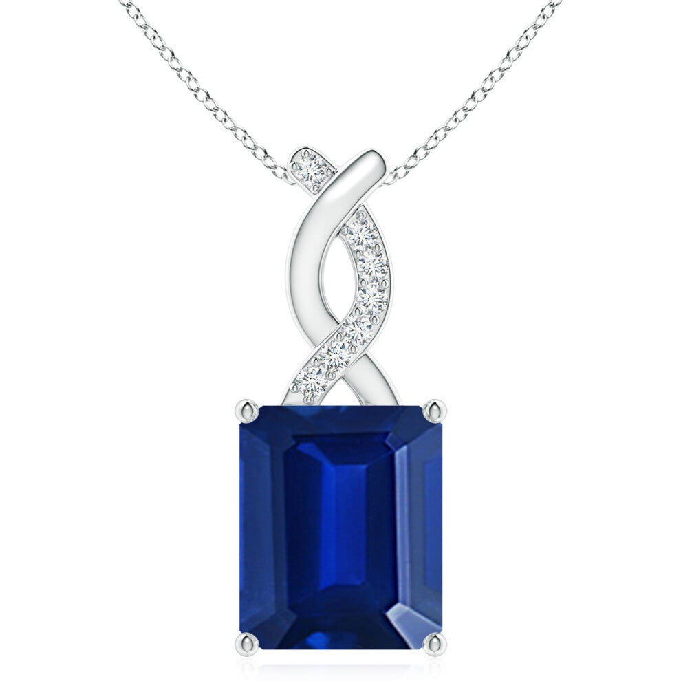 (9ct White Gold, Size: 12x10mm) Lab-Grown Sapphire Pendant with Lab Diamond Entwined Bale (|)