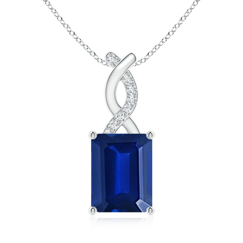 (9ct White Gold, Size: 9x7mm) Lab-Grown Sapphire Pendant with Lab Diamond Entwined Bale (|)