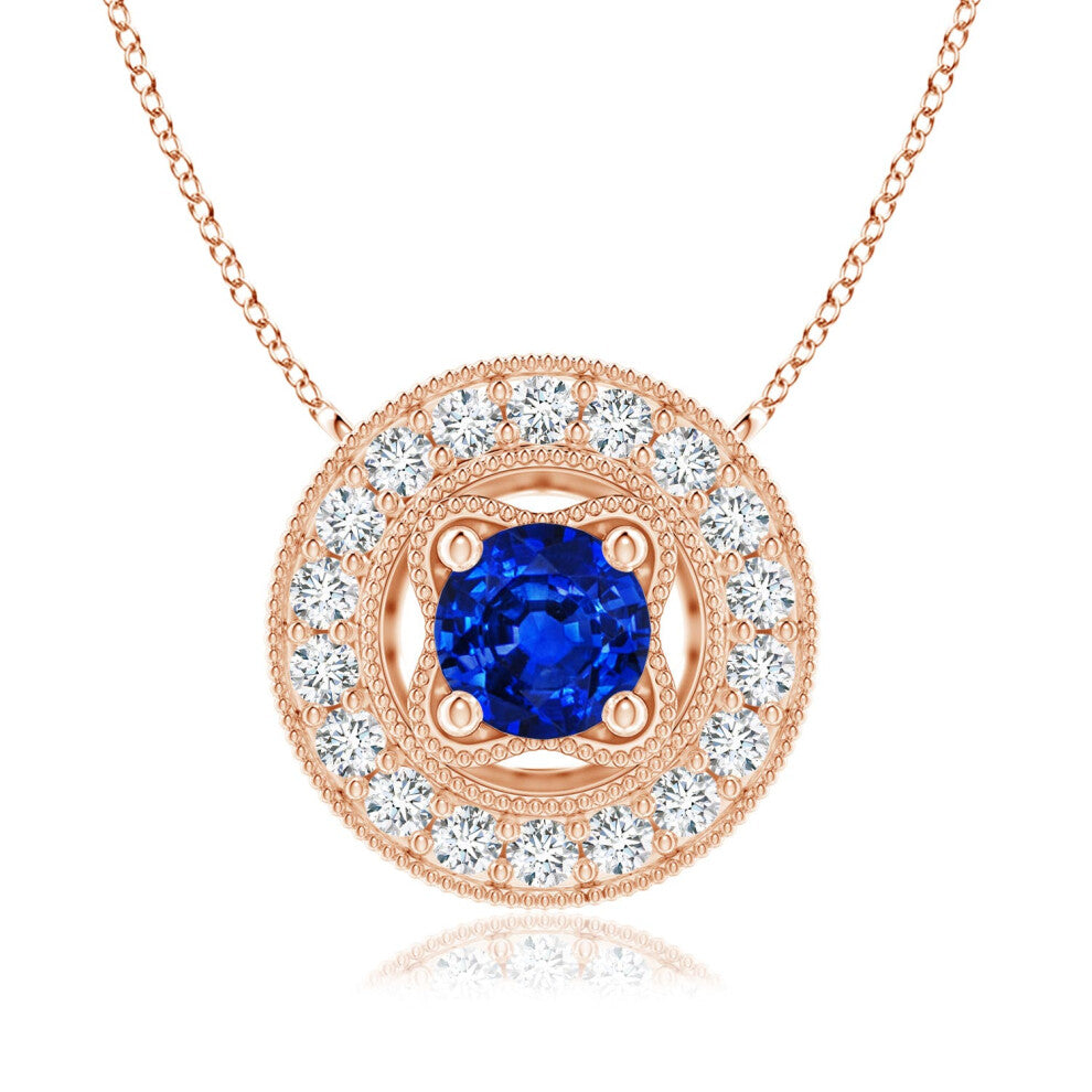 (14ct Rose Gold, Size: 6mm) Lab-Grown Vintage Style Blue Sapphire Halo Pendant with Milgrain Detailing (|)