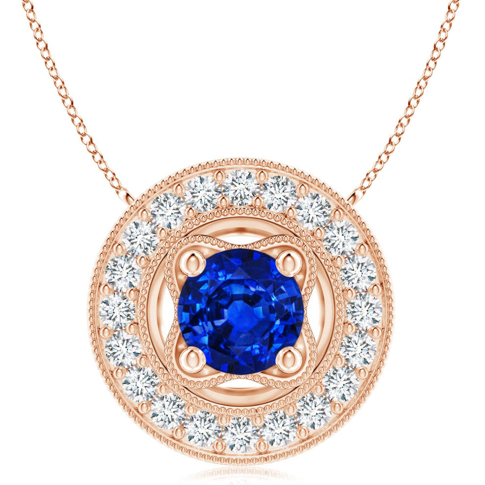 (14ct Rose Gold, Size: 8mm) Lab-Grown Vintage Style Blue Sapphire Halo Pendant with Milgrain Detailing (|)