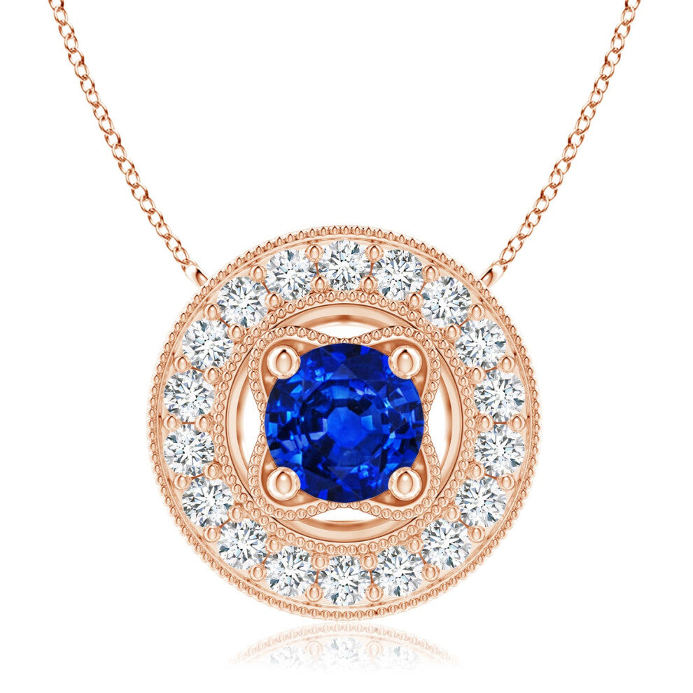 (9ct Rose Gold, Size: 7mm) Lab-Grown Vintage Style Blue Sapphire Halo Pendant with Milgrain Detailing (|)