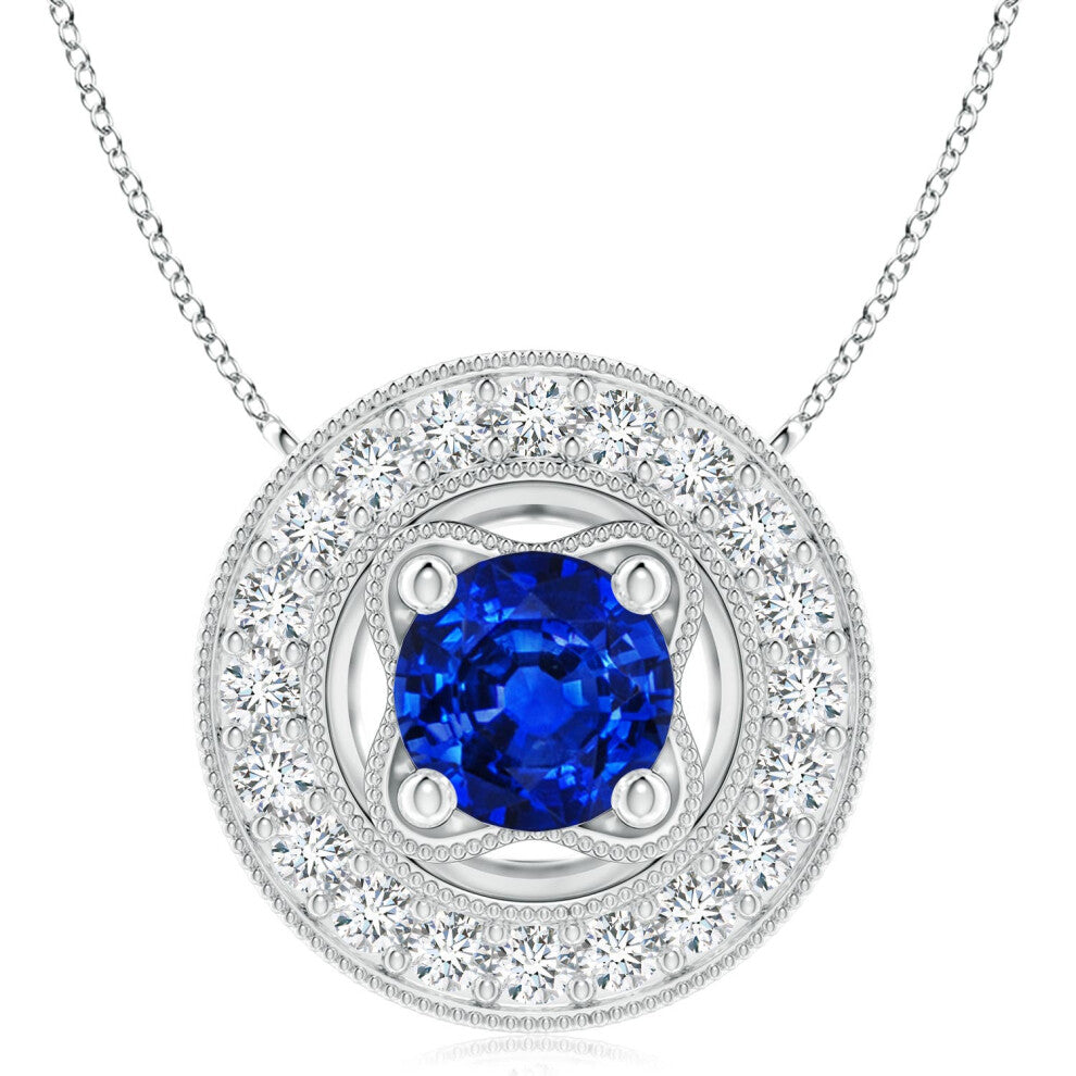 (Sterling Silver, Size: 8mm) Lab-Grown Vintage Style Blue Sapphire Halo Pendant with Milgrain Detailing (|)
