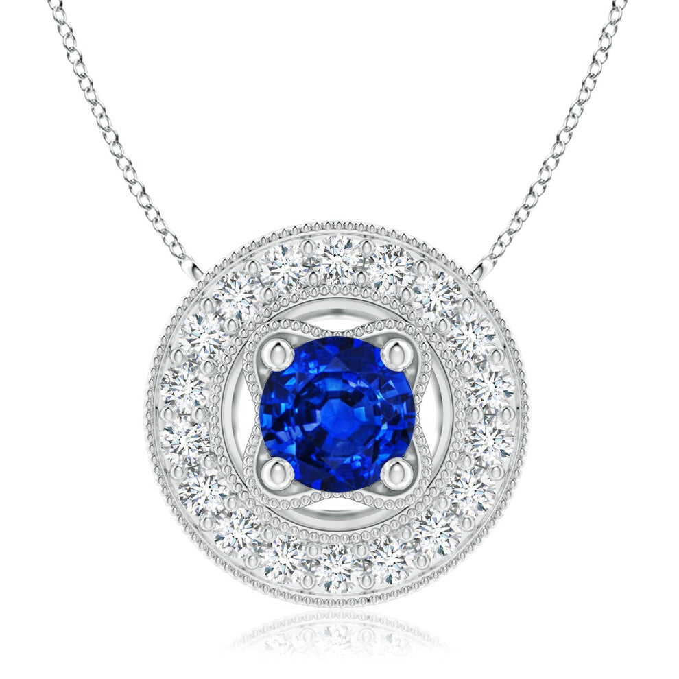 (14ct White Gold, Size: 7mm) Lab-Grown Vintage Style Blue Sapphire Halo Pendant with Milgrain Detailing (|)