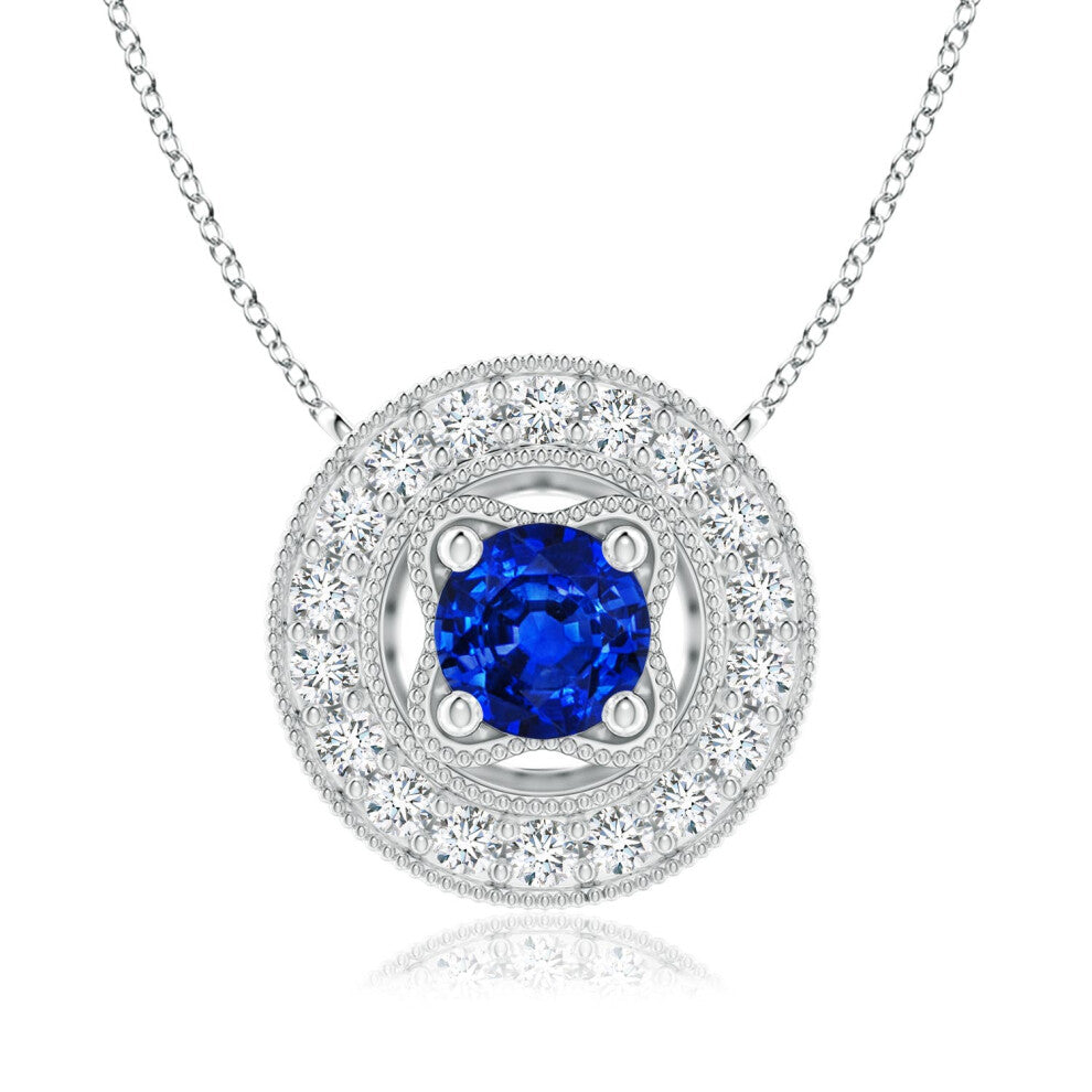 (9ct White Gold, Size: 6mm) Lab-Grown Vintage Style Blue Sapphire Halo Pendant with Milgrain Detailing (|)