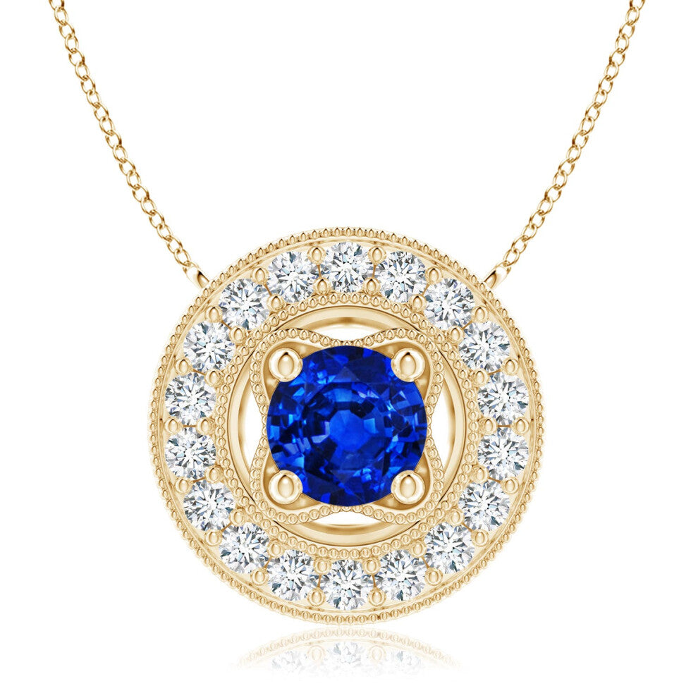 (14ct Yellow Gold, Size: 7mm) Lab-Grown Vintage Style Blue Sapphire Halo Pendant with Milgrain Detailing (|)