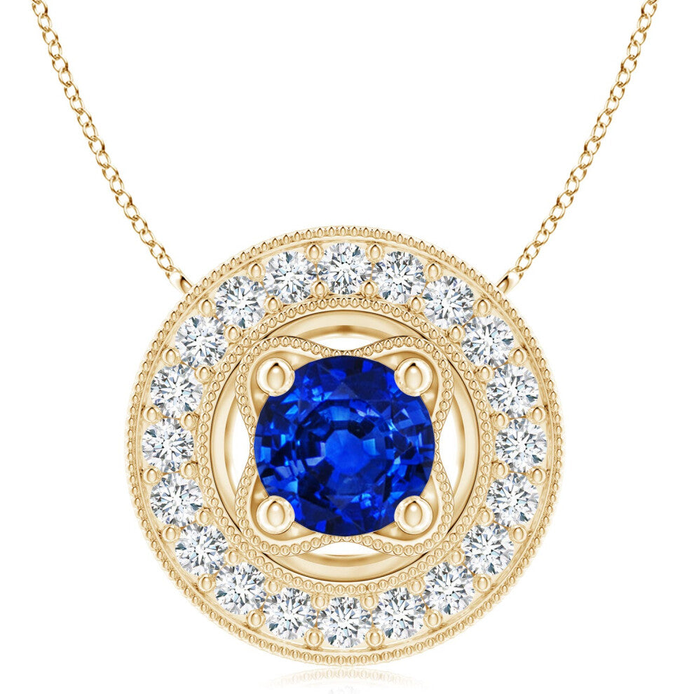 (14ct Yellow Gold, Size: 8mm) Lab-Grown Vintage Style Blue Sapphire Halo Pendant with Milgrain Detailing (|)