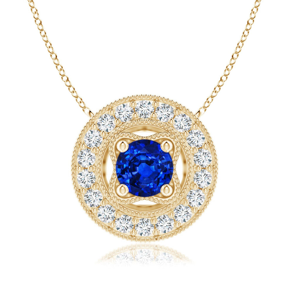 (9ct Yellow Gold, Size: 6mm) Lab-Grown Vintage Style Blue Sapphire Halo Pendant with Milgrain Detailing (|)