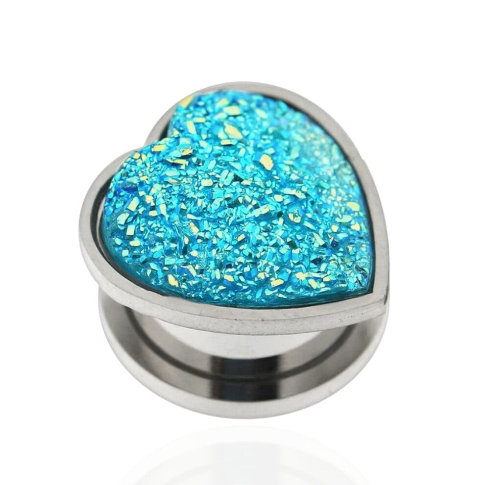 (8mm) Aqua Glittering Jet Hematite Heart Surgical Steel Flesh Tunnel