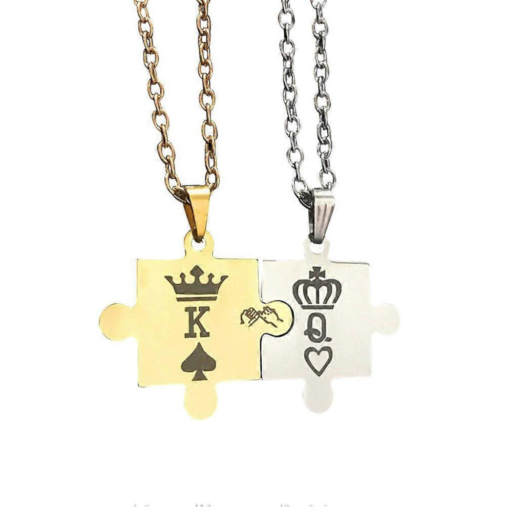 (As show, One size) 2pcs Creative Puzzle Shape Necklace Crown K and Q Printing Pendant Exquisite Couple Stainless Steel Necklace Jewelry Valentines Da