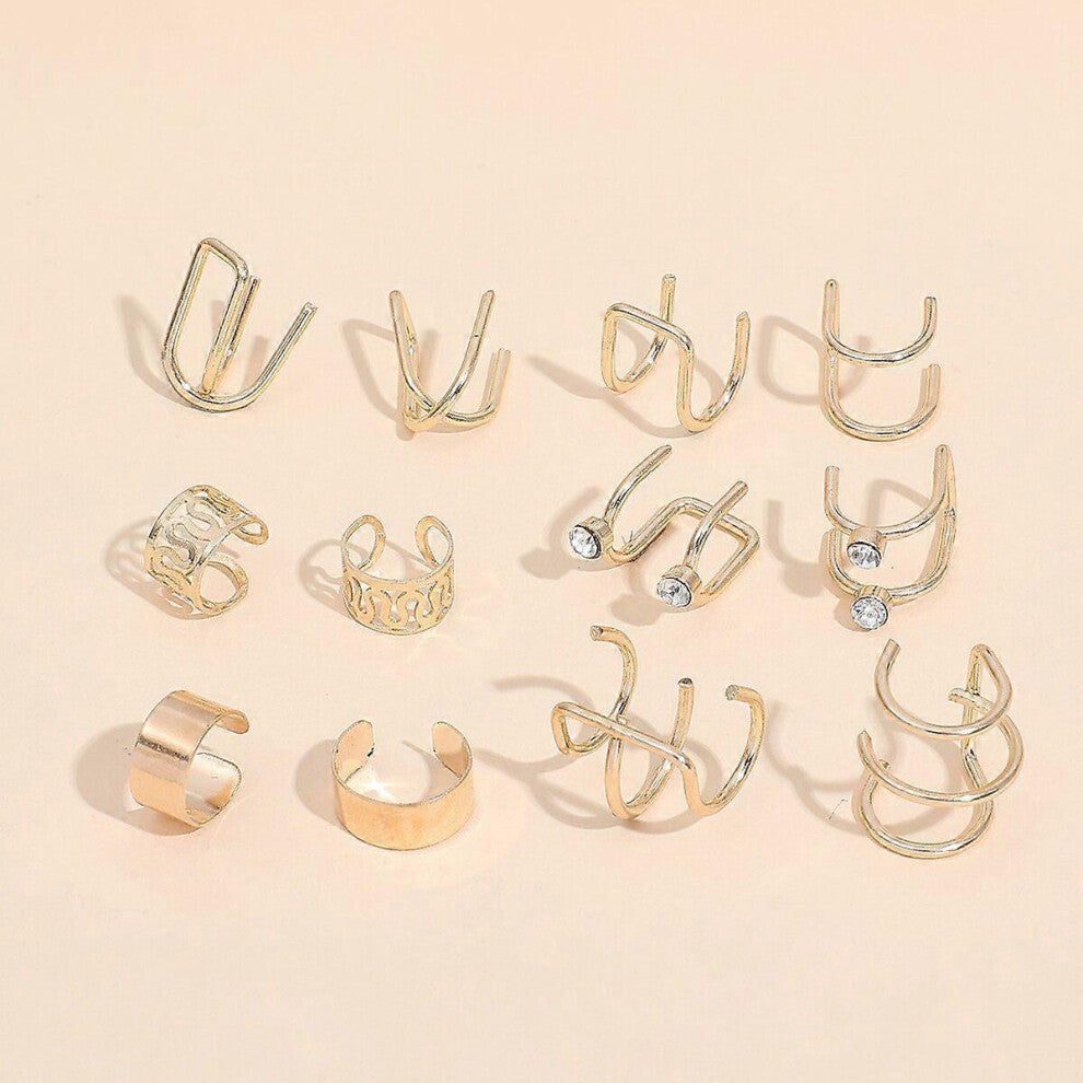 (As show, One size) Set of 12 Minimalist Creative Letter Ear Clips Without Ear Hole Bohemian Style Metal Ear Cuffs for Women