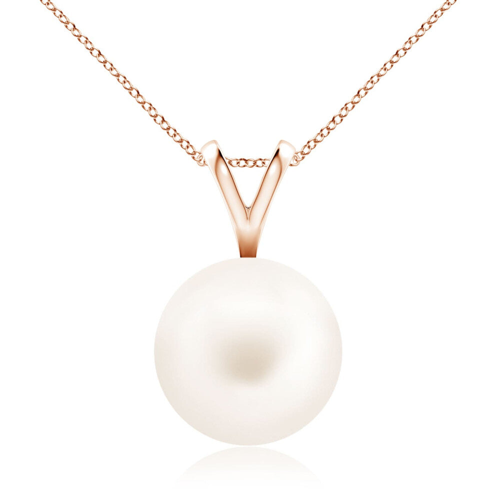 (14ct Rose Gold, Size: 10mm | Grade: AA) Angara Natural Freshwater Pearl Solitaire V-Bale Pendant