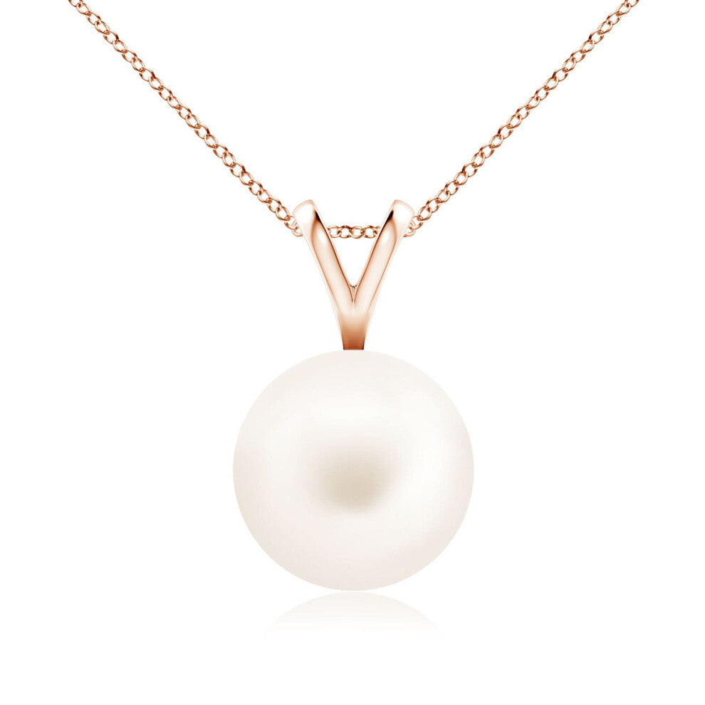 (14ct Rose Gold, Size: 9mm | Grade: AA) Angara Natural Freshwater Pearl Solitaire V-Bale Pendant