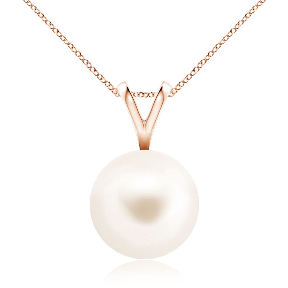(14ct Rose Gold, Size: 10mm | Grade: AAA) Angara Natural Freshwater Pearl Solitaire V-Bale Pendant