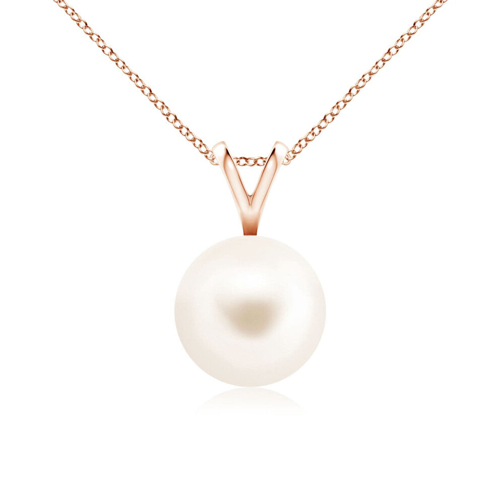 (14ct Rose Gold, Size: 8mm | Grade: AAA) Angara Natural Freshwater Pearl Solitaire V-Bale Pendant