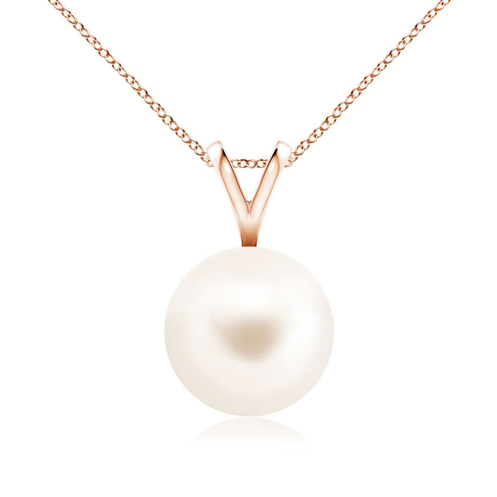 (14ct Rose Gold, Size: 9mm | Grade: AAA) Angara Natural Freshwater Pearl Solitaire V-Bale Pendant
