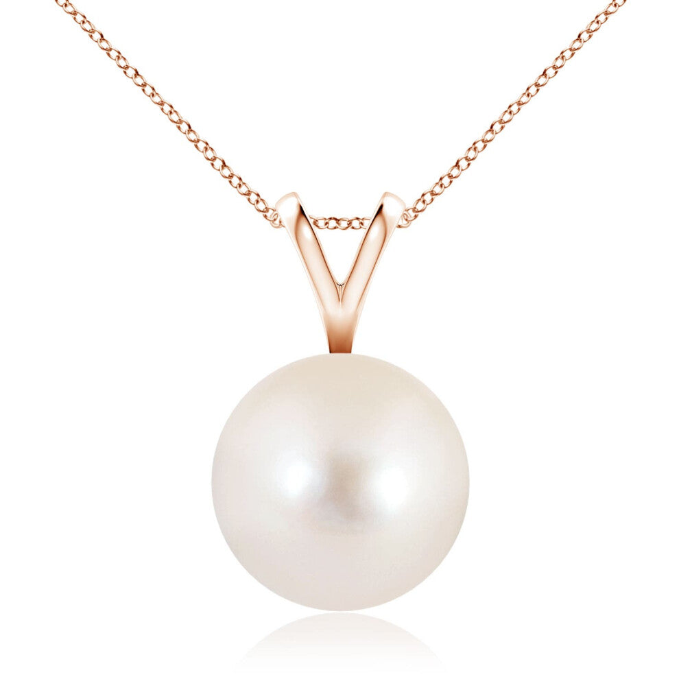 (14ct Rose Gold, Size: 10mm | Grade: AAAA) Angara Natural Freshwater Pearl Solitaire V-Bale Pendant