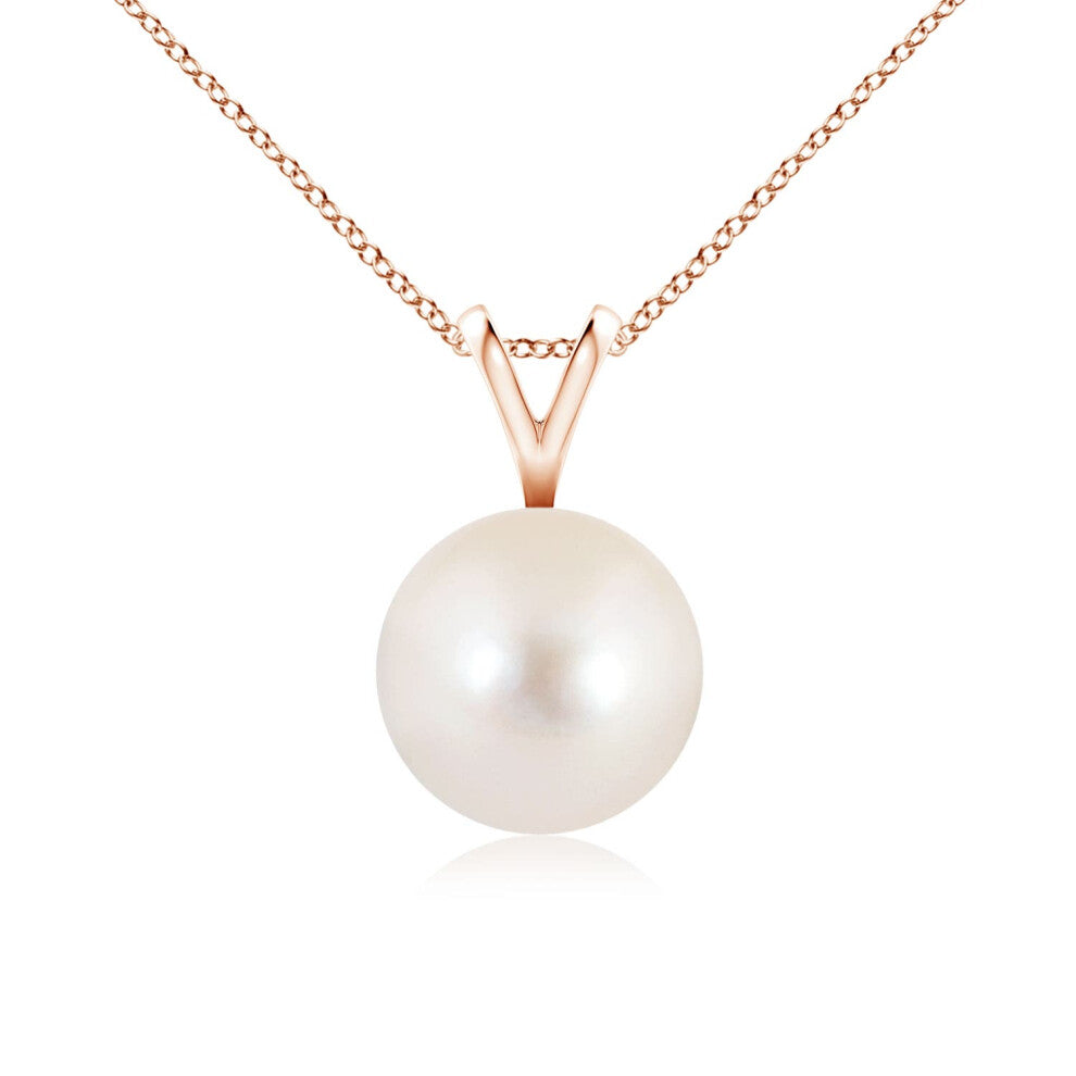 (14ct Rose Gold, Size: 8mm | Grade: AAAA) Angara Natural Freshwater Pearl Solitaire V-Bale Pendant